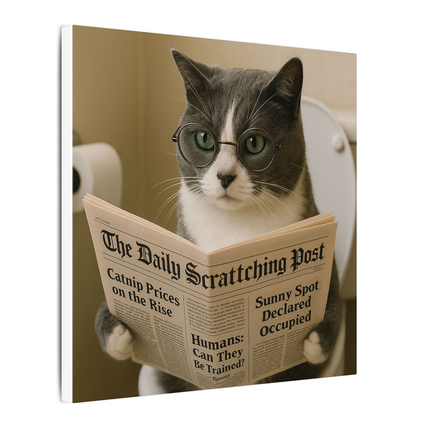 Canvas Print - Funny Grey Cat Tom Kitten Toilet Reading Paper