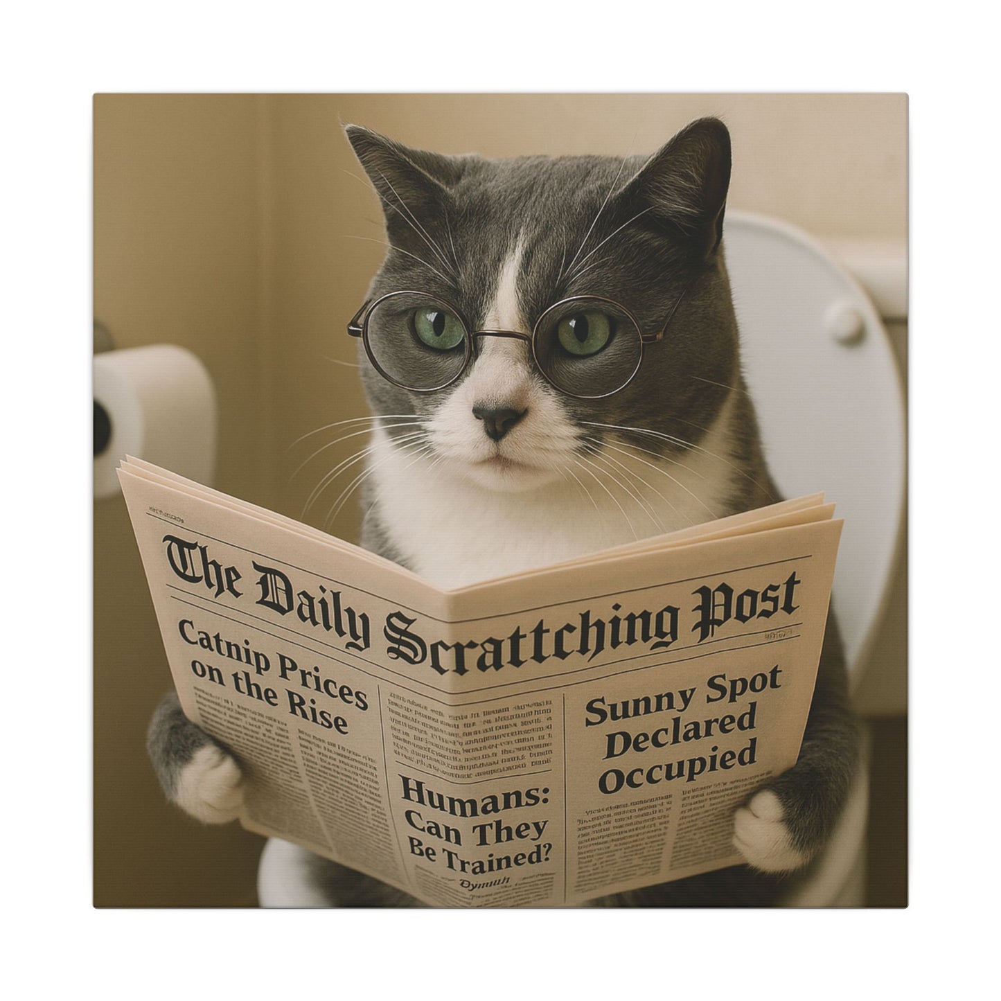 Canvas Print - Funny Grey Cat Tom Kitten Toilet Reading Paper