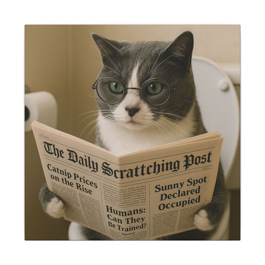 Canvas Print - Funny Grey Cat Tom Kitten Toilet Reading Paper